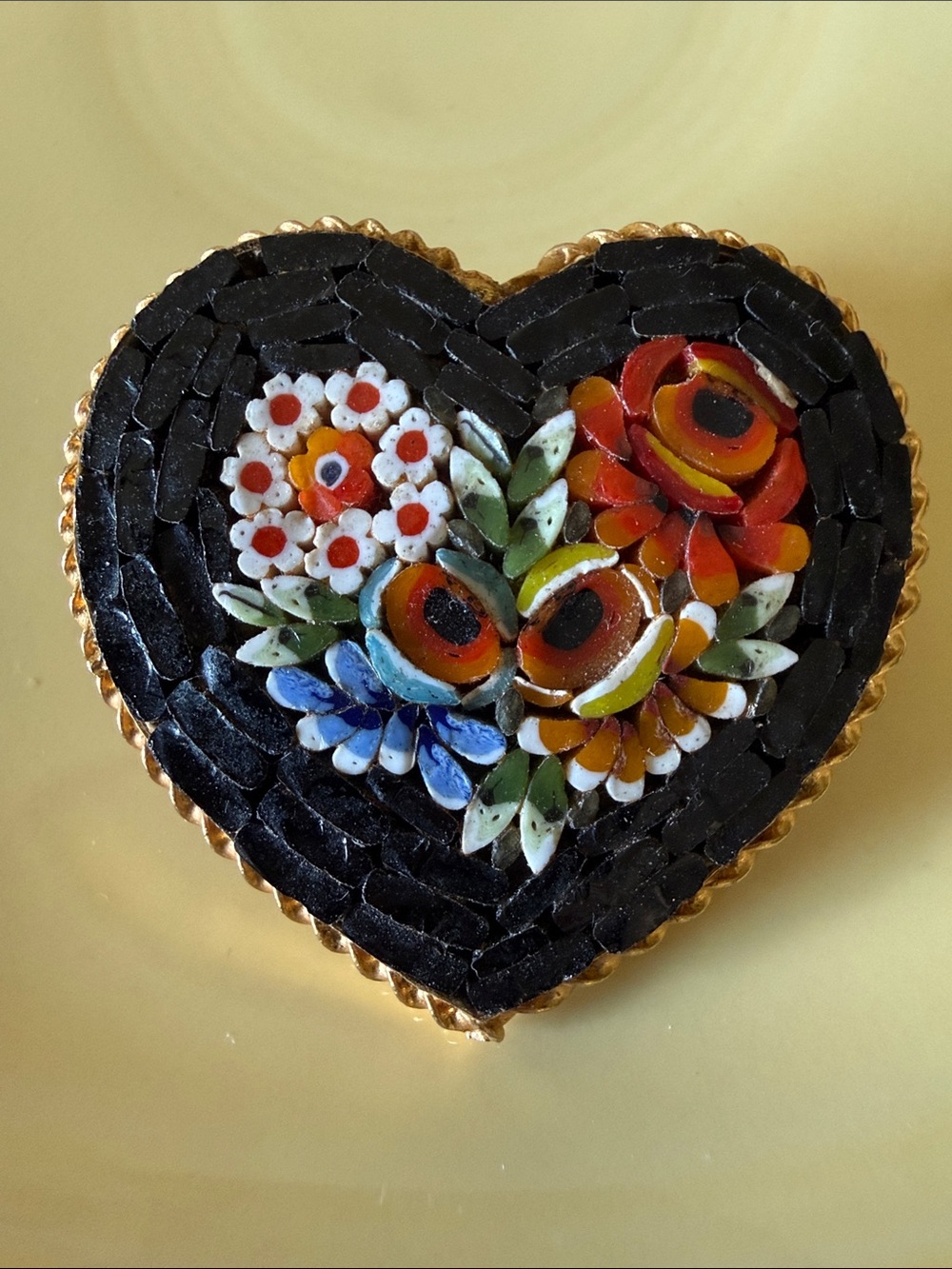 Vintage Black Mosaic Heart Brooch with Red, Orange, Blue & White Floral Inlay